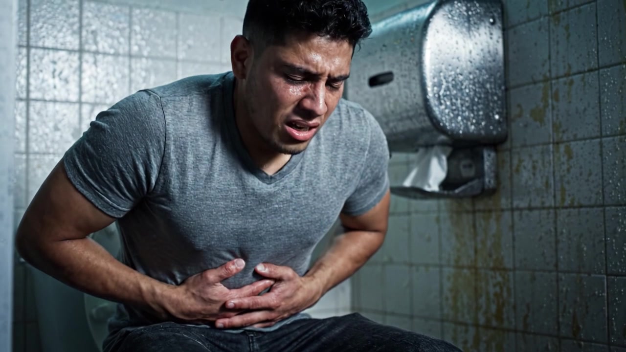 A man experiences severe abdominal pain while sitting in a restroom, depicting a moment of discomfort and distress in a typical yet troubling situation.