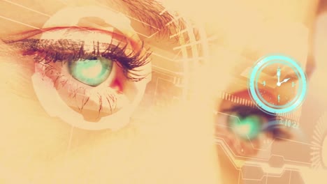 Animation of digital interface and clock over woman&#039;s eyes