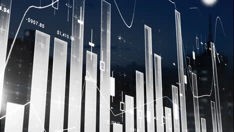 animation of financial data processing over cityscape