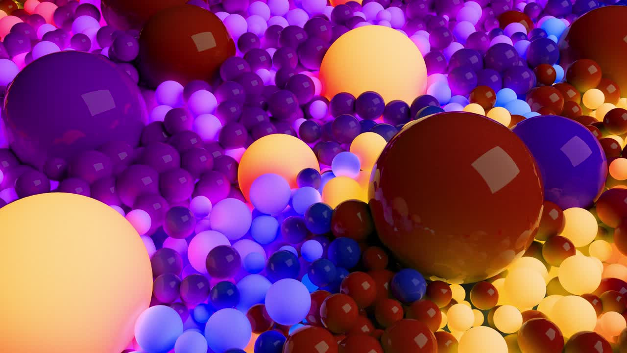 Loop di animazione 3D in 4K con bellissime sfere o palline piccole e grandi come sfondo astratto per le festività. Bella composizione di sfere colorate luminose