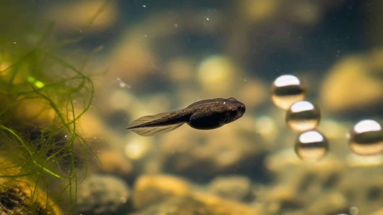 Captivating Frogspawn Development: A Detailed Exploration of a Tadpole in Aquatic Habitat Observing Subtle Movements Among Bubbles and Vegetation