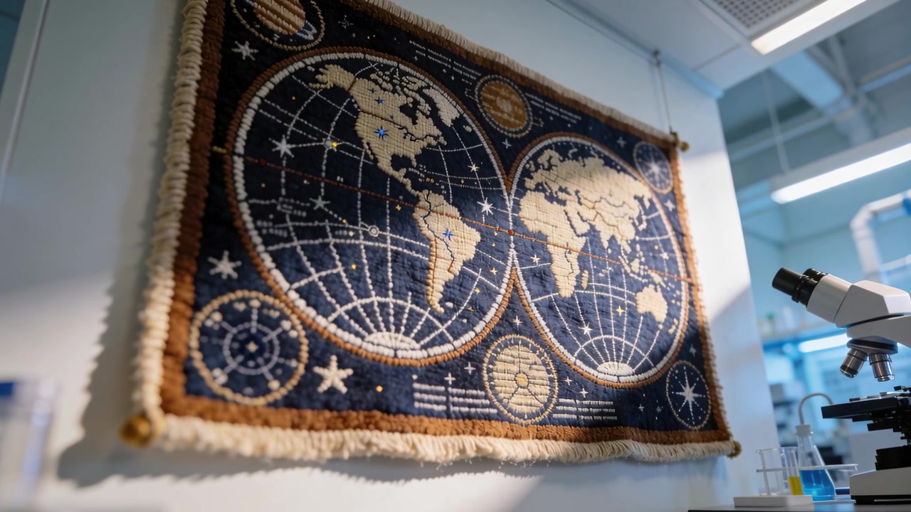 Moving camera tilting closer at lab wall revealing world-map tapestry, microscope, test tubes