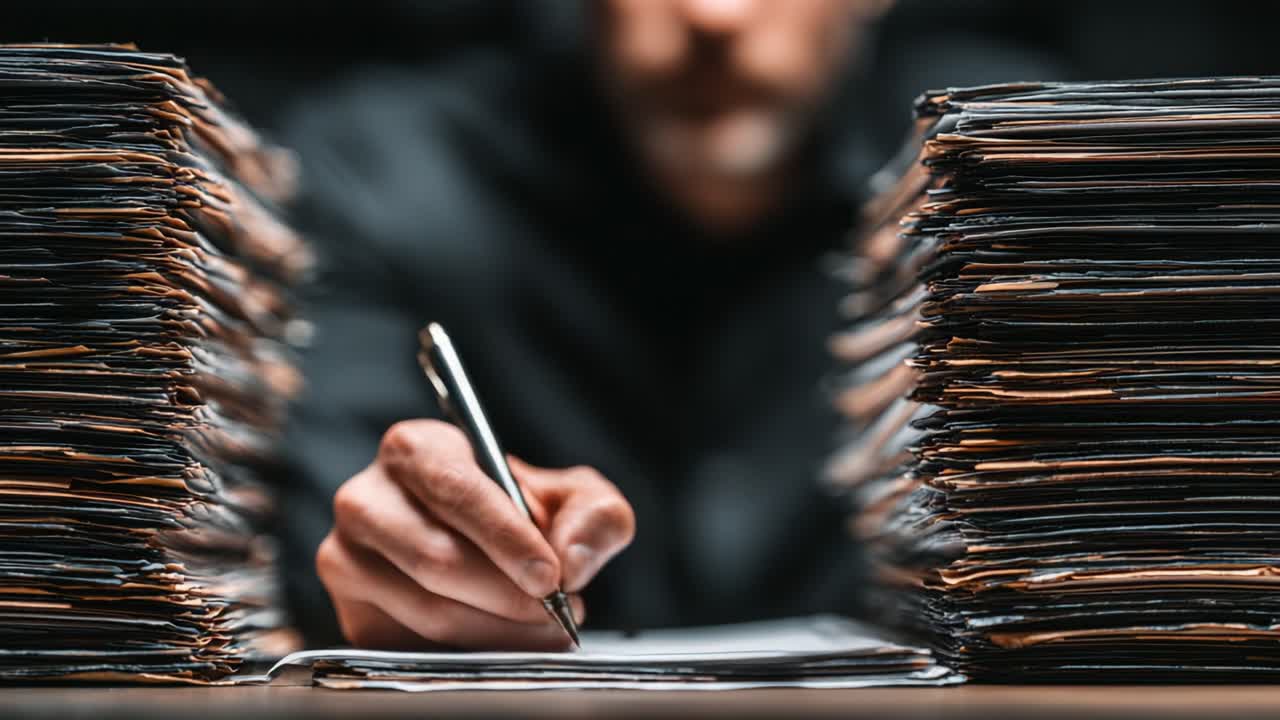 A Focused Individual Diligently Writing Amidst a Sea of Paperwork, Highlighting the Challenges and Responsibilities of Managing Extensive Documentation in a Professional Setting