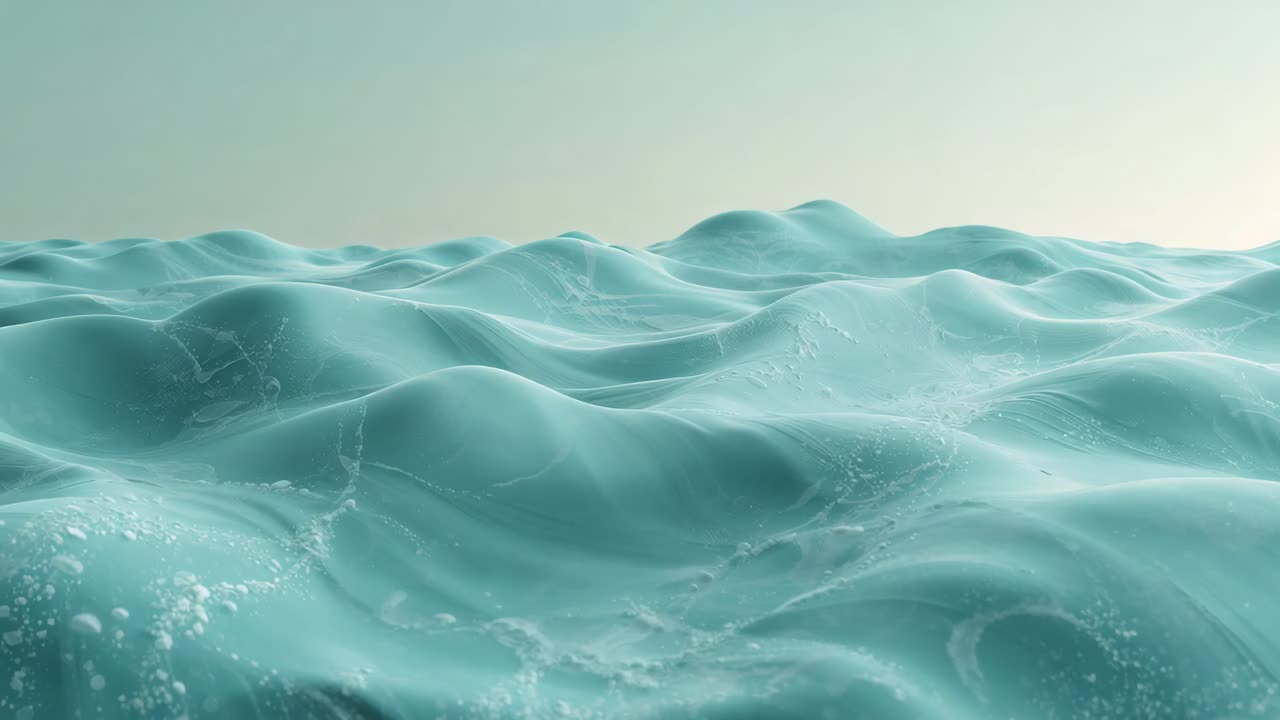 Superficie del mare turchese increspata che si muove verso la camera nell'oceano aperto, mentre le onde spingono le creste e spruzzano