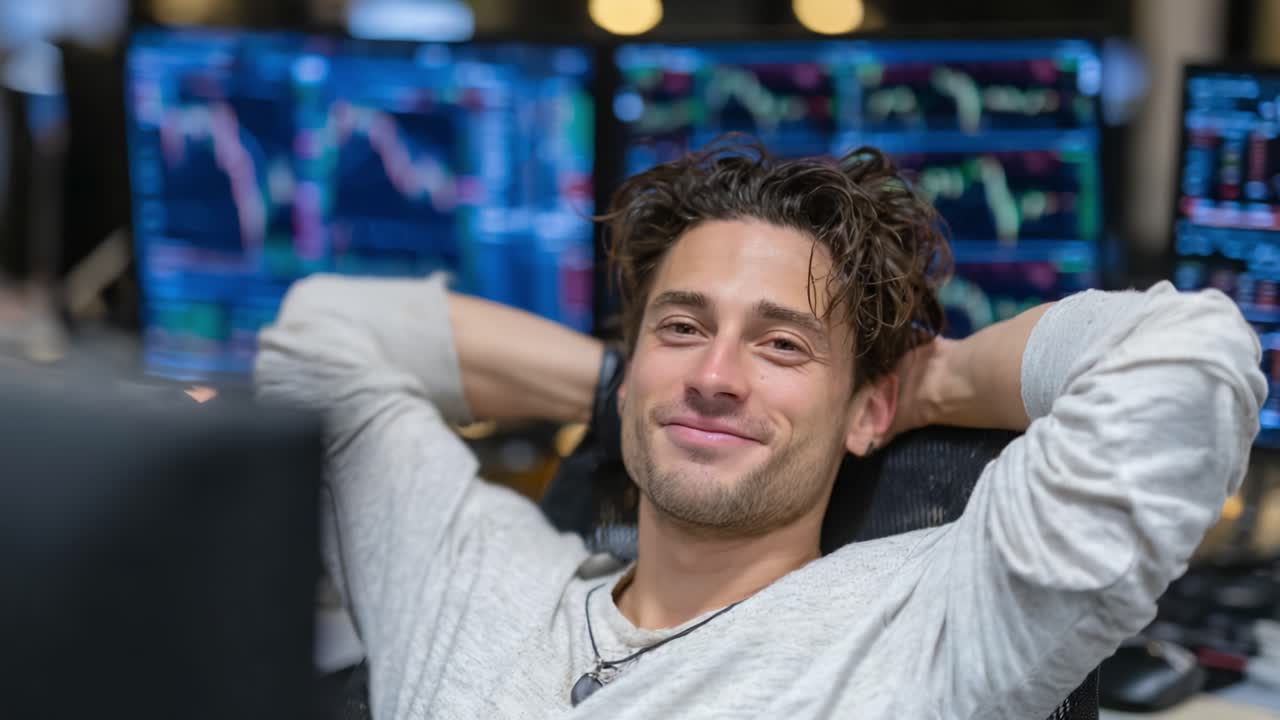 A Confident Trader Relaxing in Front of Multiple Monitors Showing Financial Data and Stock Market Charts in a Modern Trading Environment