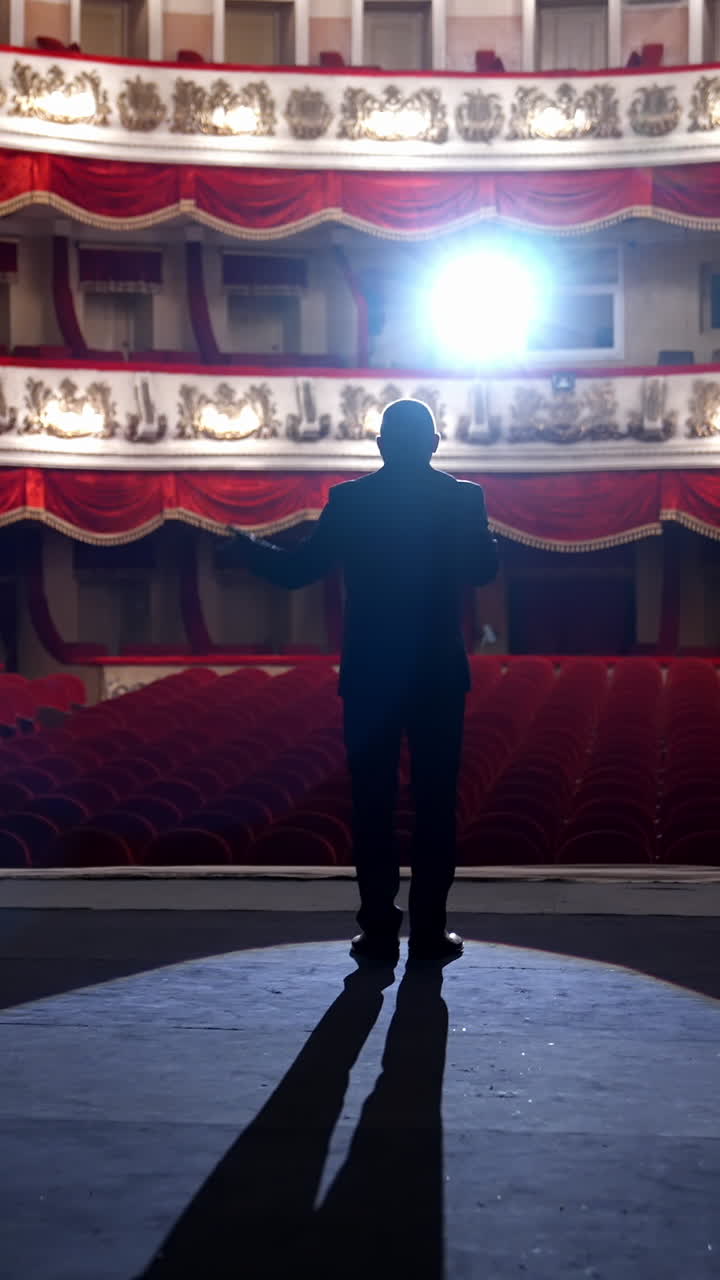 Dark silhouette of a host in front of empty auditorium. Back view of a speaker performing on stage on the background of beautiful hall without people. Quarantine. Vertical video