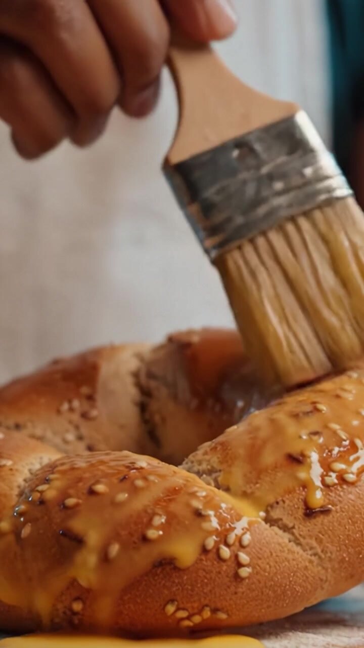 Preparing a Bagel: A Step-by-Step Process Featuring Egg Wash and Sesame Seeds for a Delicious Homemade Bagel Ready for Baking