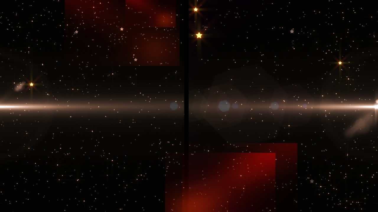 빛의 흔적과 반 ⁇ 이는 입자를 가진 움직이는 스포트라이트를 보여주는 분할 화면의 애니메이션, 검은색