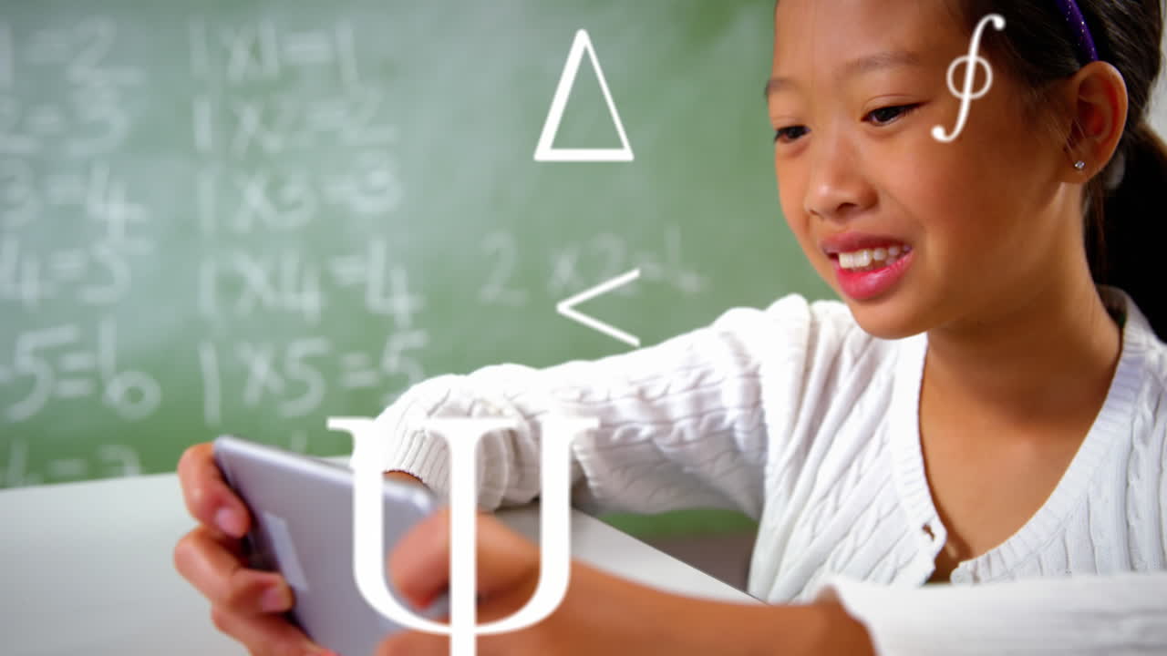 Animation of mathematical symbols over asian girl using smartphone