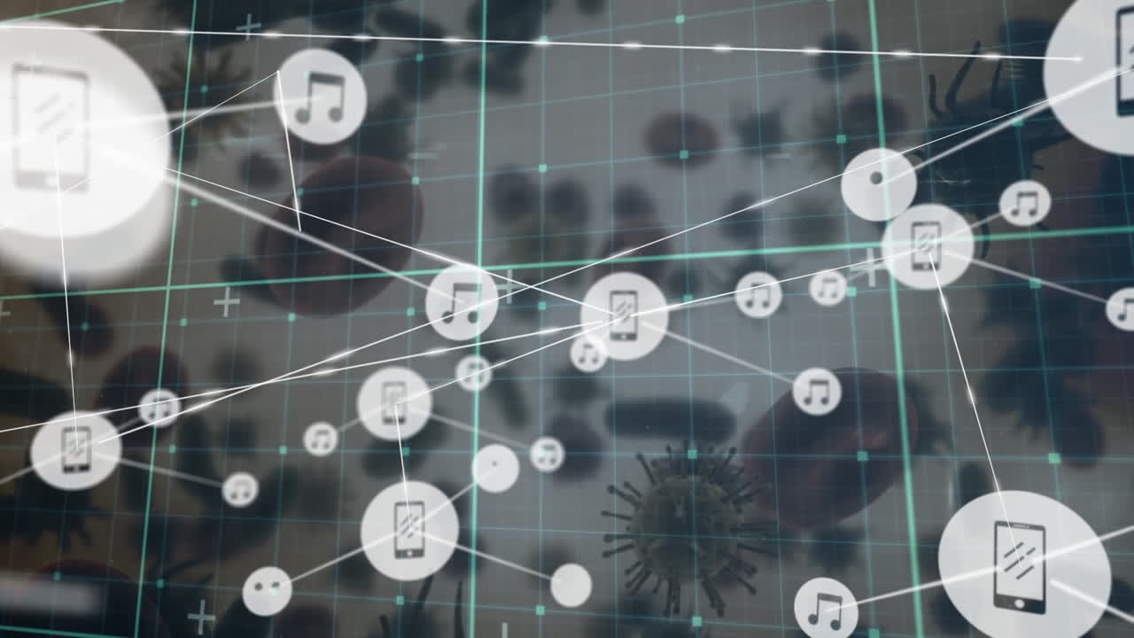 red de iconos digitales sobre red de rejilla contra múltiples células y vasos sanguíneos de covid-19