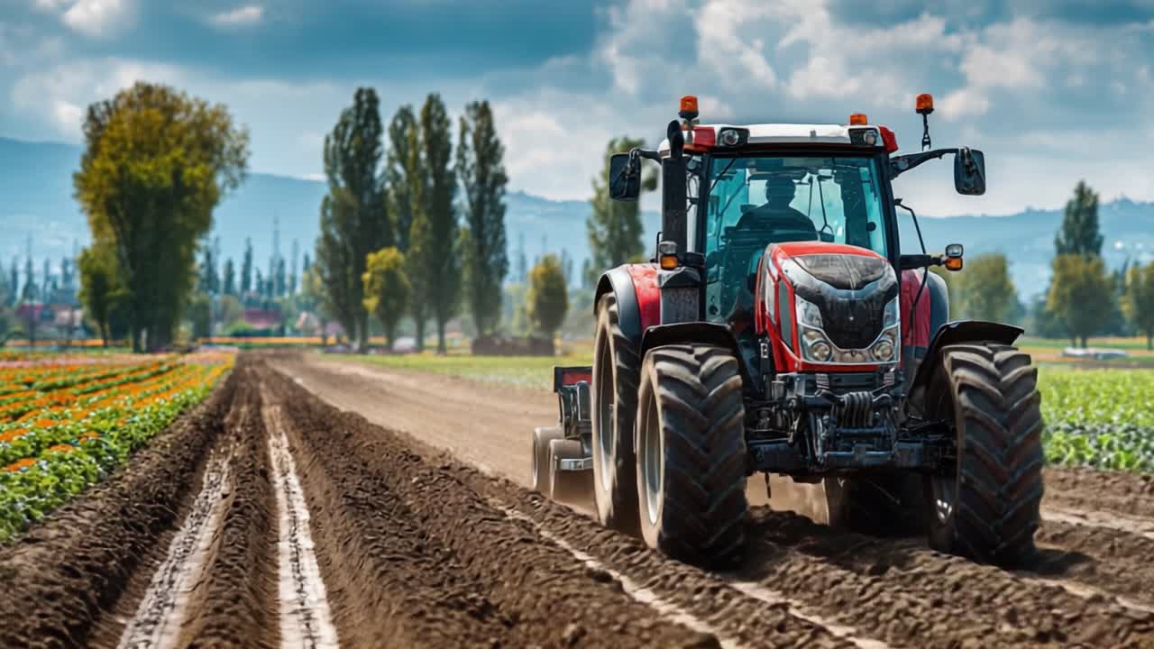 Un Potente Trattore Che Coltiva Terreno Fertile su un Campo Agricolo Soleggiato, Mettendo in Mostra Tecniche e Attrezzature Agricole Moderne in un Paesaggio Verde Lussureggiante