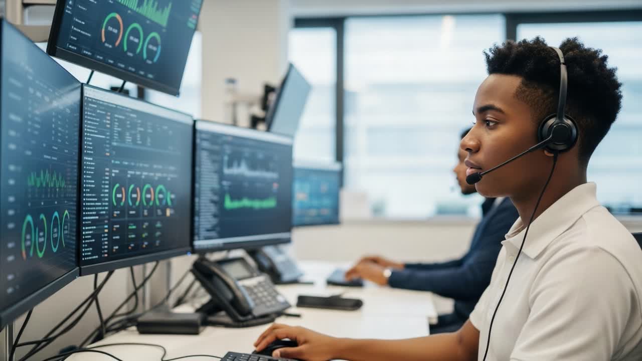 Focused Operator Analyzing Multiple Data Streams in a Modern Control Room Setting with Advanced Technology and Monitors Displaying Real-Time Metrics