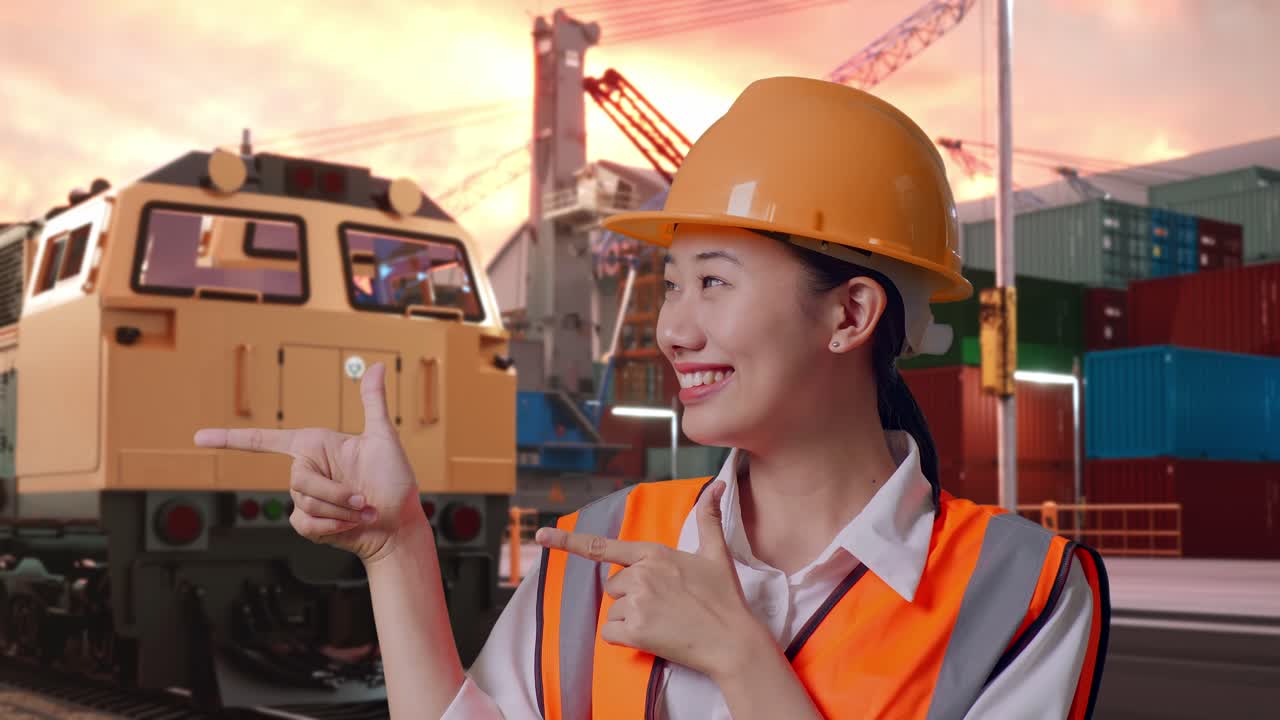 Close Up Of Asian Female Engineer With Safety Helmet Smiling And Pointing To Side With Freight Cargo Train At Port
