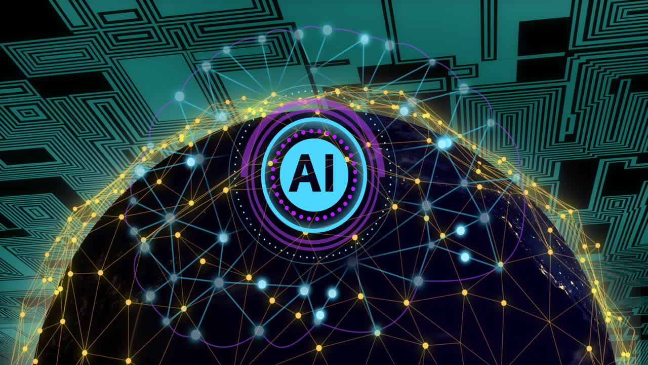 AI text and network connections animation over digital globe