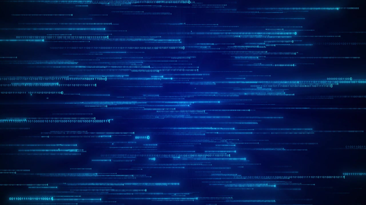 Blue binary code motion background glowing number streams horizontal data streaks dark technology