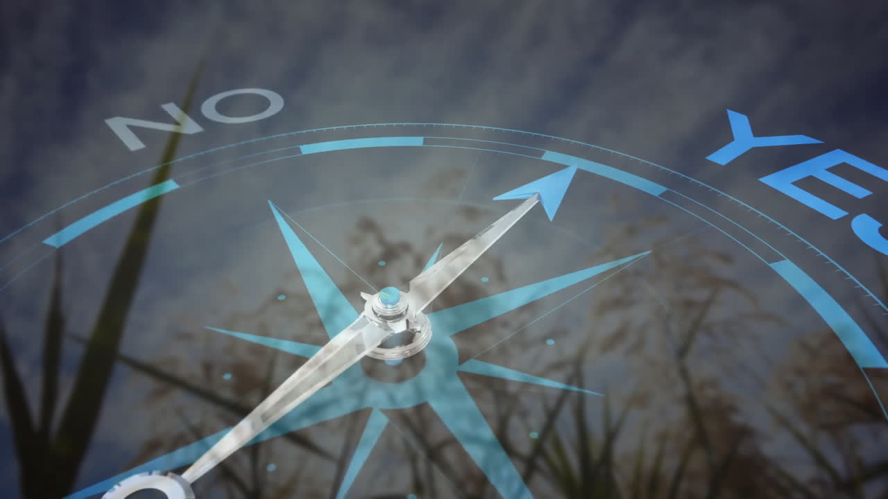 도시 위에 예와 텍스트가 없는 나침반의 애니메이션