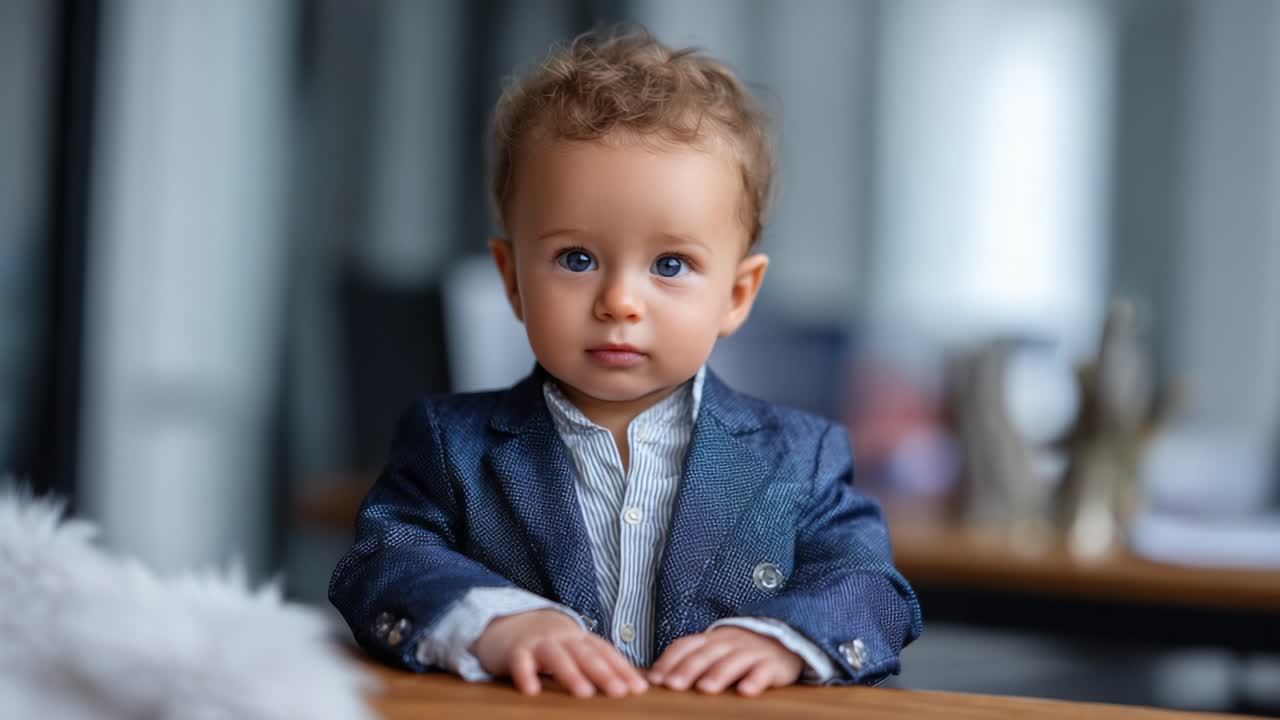 Bambino adorabile vestito con un elegante blazer, che mostra un'espressione affascinante mentre è seduto a un tavolo moderno in un elegante ambiente interno