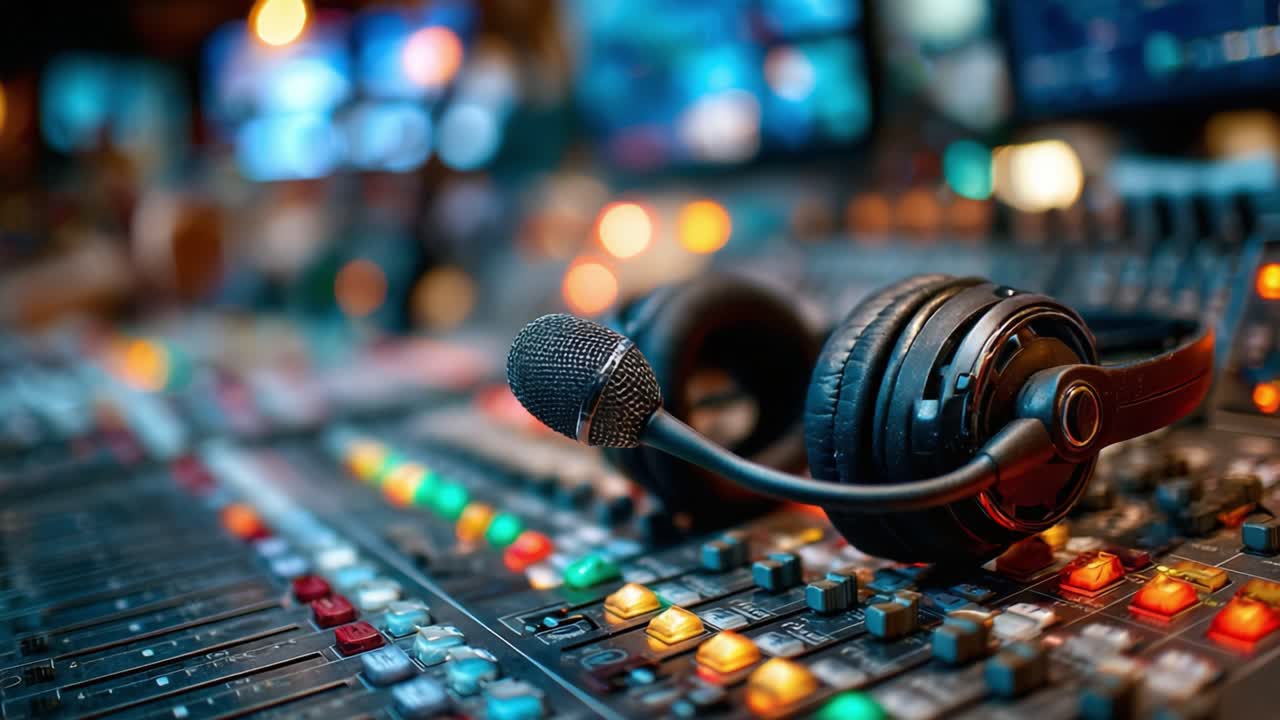 A Close-Up of a Professional Audio Mixer with Headphones and Microphone, Capturing the Essence of Sound Engineering and Broadcasting Technology