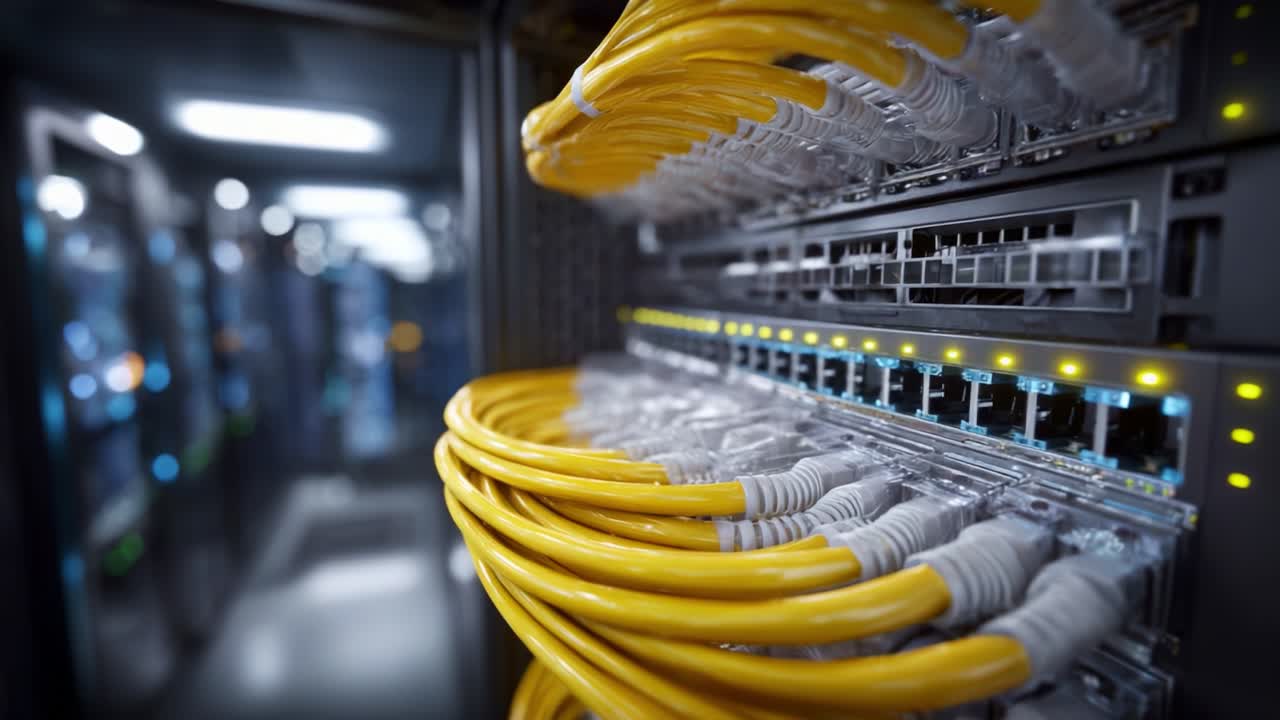 A close-up view of network cables in a server rack, showcasing organized wiring, efficient data connections, and high-tech data management systems in action