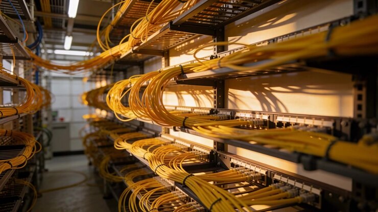 Moving camera sliding forward in telecom room, inspecting yellow fiber bundles and patch panels