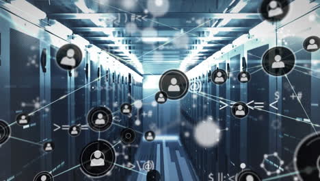 animazione della rete di connessioni con icone su server informatici