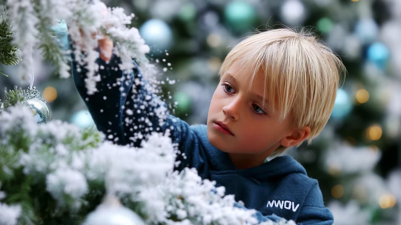 A young child joyfully decorating a winter-themed tree, gently handling artificial snow and colorful ornaments to create a festive and magical atmosphere filled with wonder