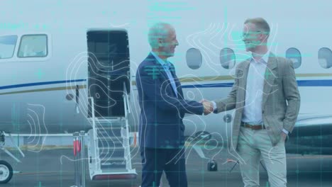 Topography-and-data-processing-over-two-caucasian-businessmen-shaking-hands-at-airport-runway