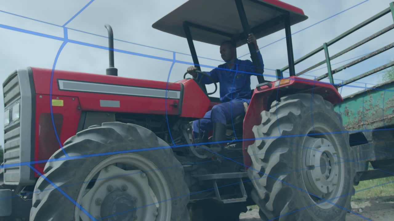 farm worker operating red tractor on agricultural field, showing animated blueprint overlay lines