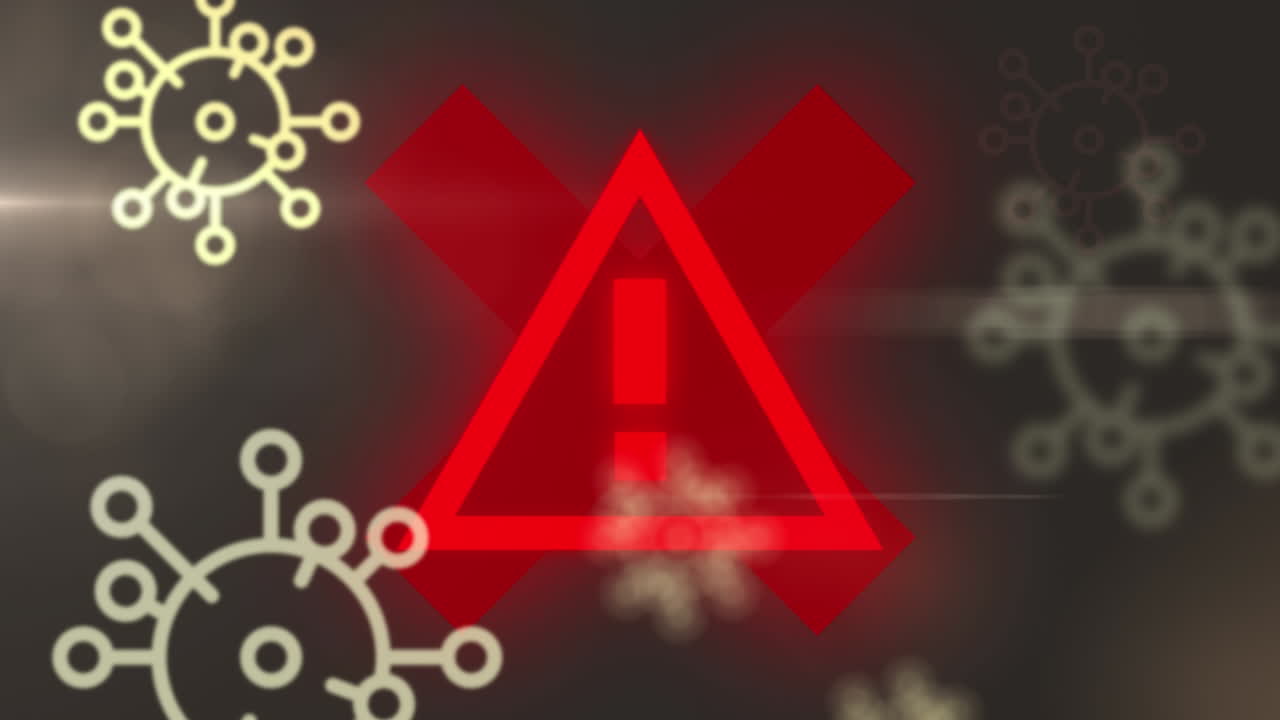 animación de las células de covid 19 que caen sobre el fondo negro de la señal de advertencia