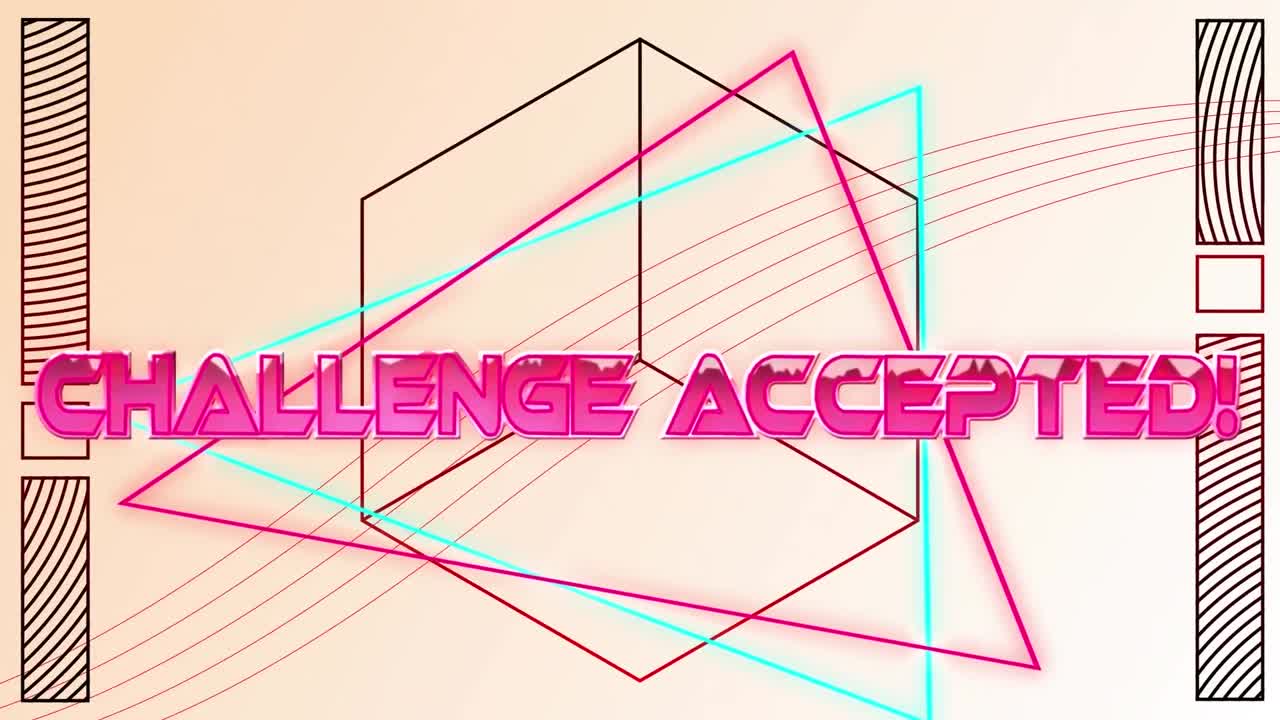 네온 선 위에 분홍색 금속 문자로 도전 받아들여진 텍스트의 애니메이션