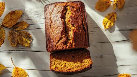 Homemade-Pumpkin-Bread-with-Autumn-Leaves-on-Wooden-Table