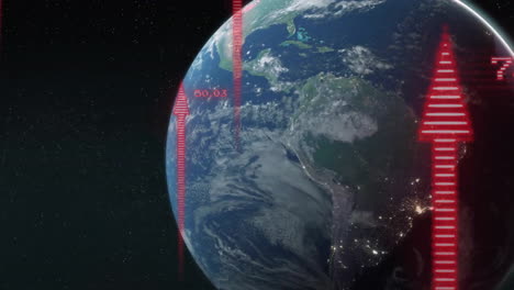 animation of digital data processing and arrows over globe on dark background