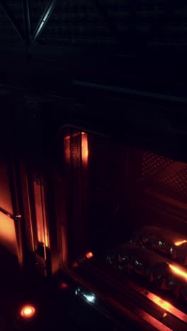 glowing red door in a dark metal space