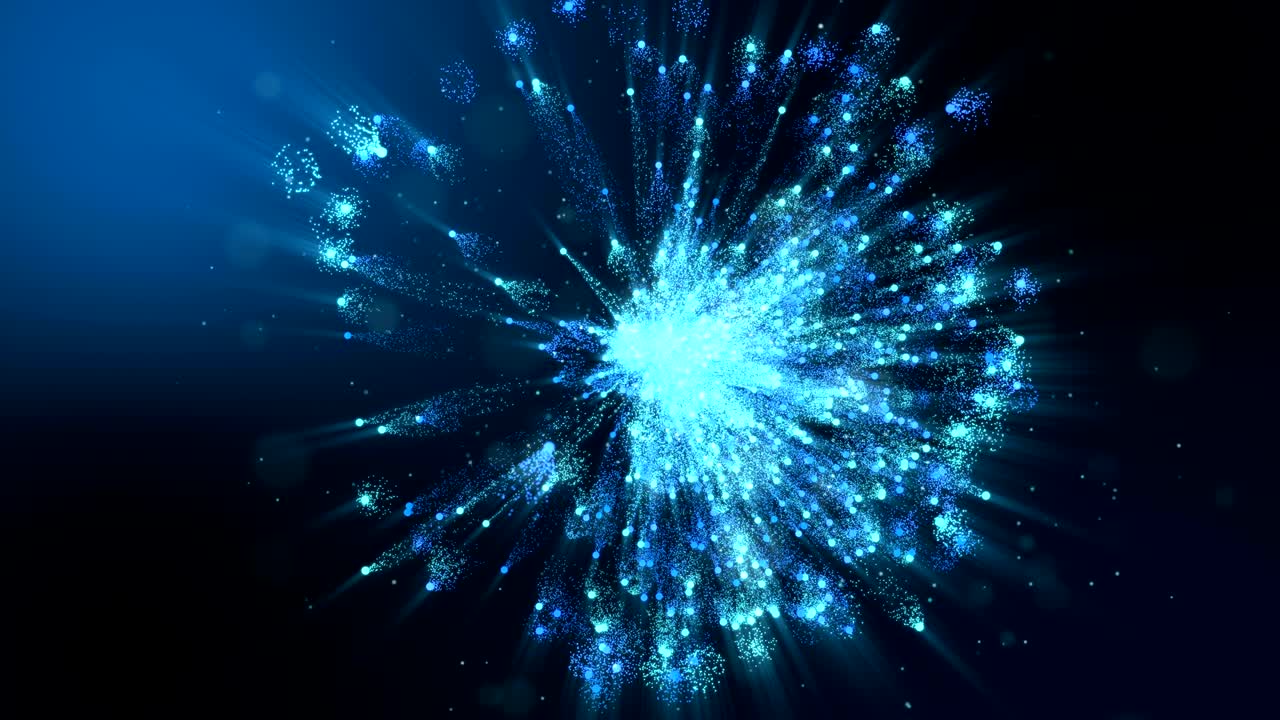 밝은 파란색 분자 불꽃놀이 원 모양, 어두운 파란색 배경.