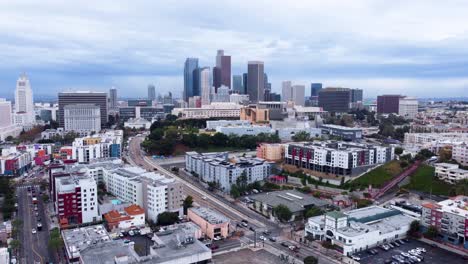 drone shot rising up while looking at downtown los angeles