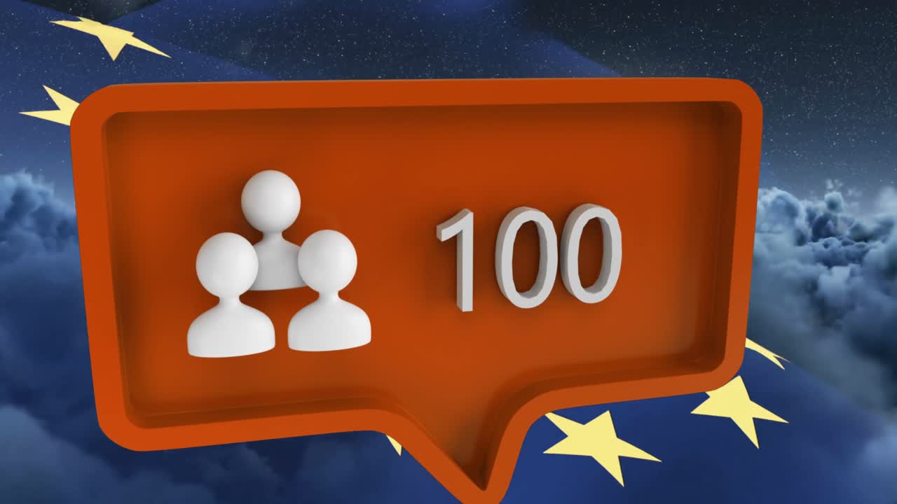 анимация значка людей с цифрами на речевом пузыре с флагом европейского союза