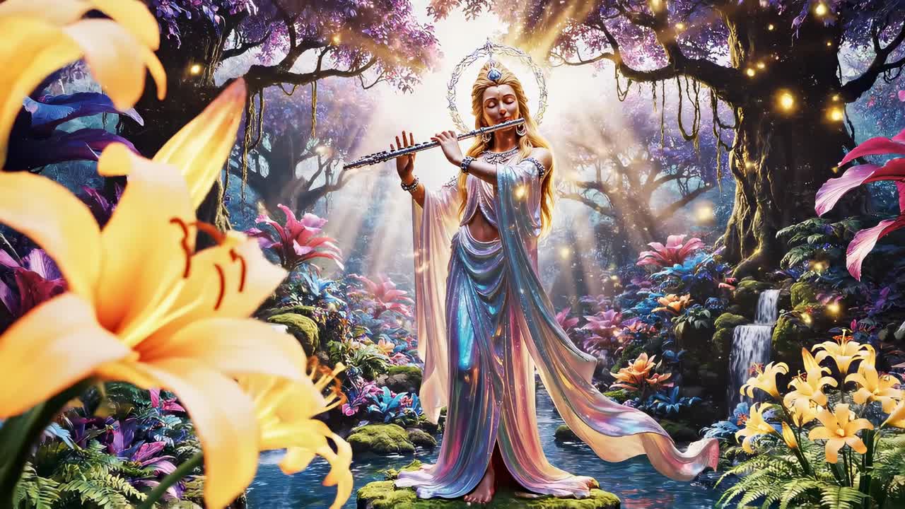 Uma cena de vídeo mística de uma divindade tocando flauta em uma floresta vibrante, capturada de baixo ângulo