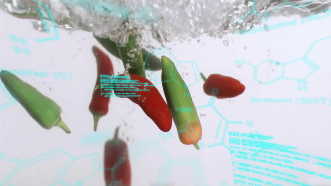 Splashing into water, peppers with chemical structure animation in background