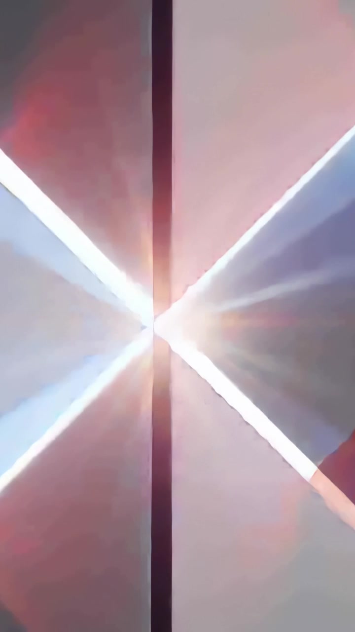 Vertical video: Pulsing 4 wedges converging at center flare sparking thin bar crossing for balance