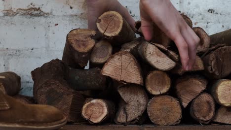 Caucasian hands picking firewood from stacked log pile in front of white brick wall