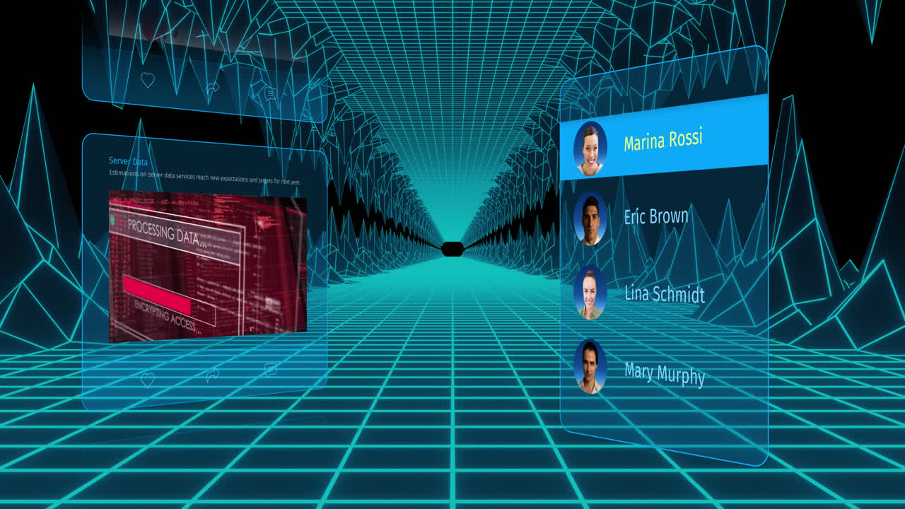 소셜 미디어 게시물과 디지털 산 위의 사람들의 프로필의 애니메이션