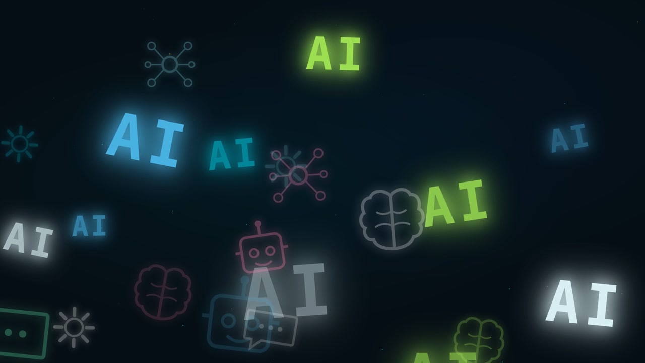 Glowing AI text, robot faces, neural network and brain icons float dynamically on a dark, tech-inspired digital background. Abstract neon colors and smooth motion create a modern, futuristic mood.