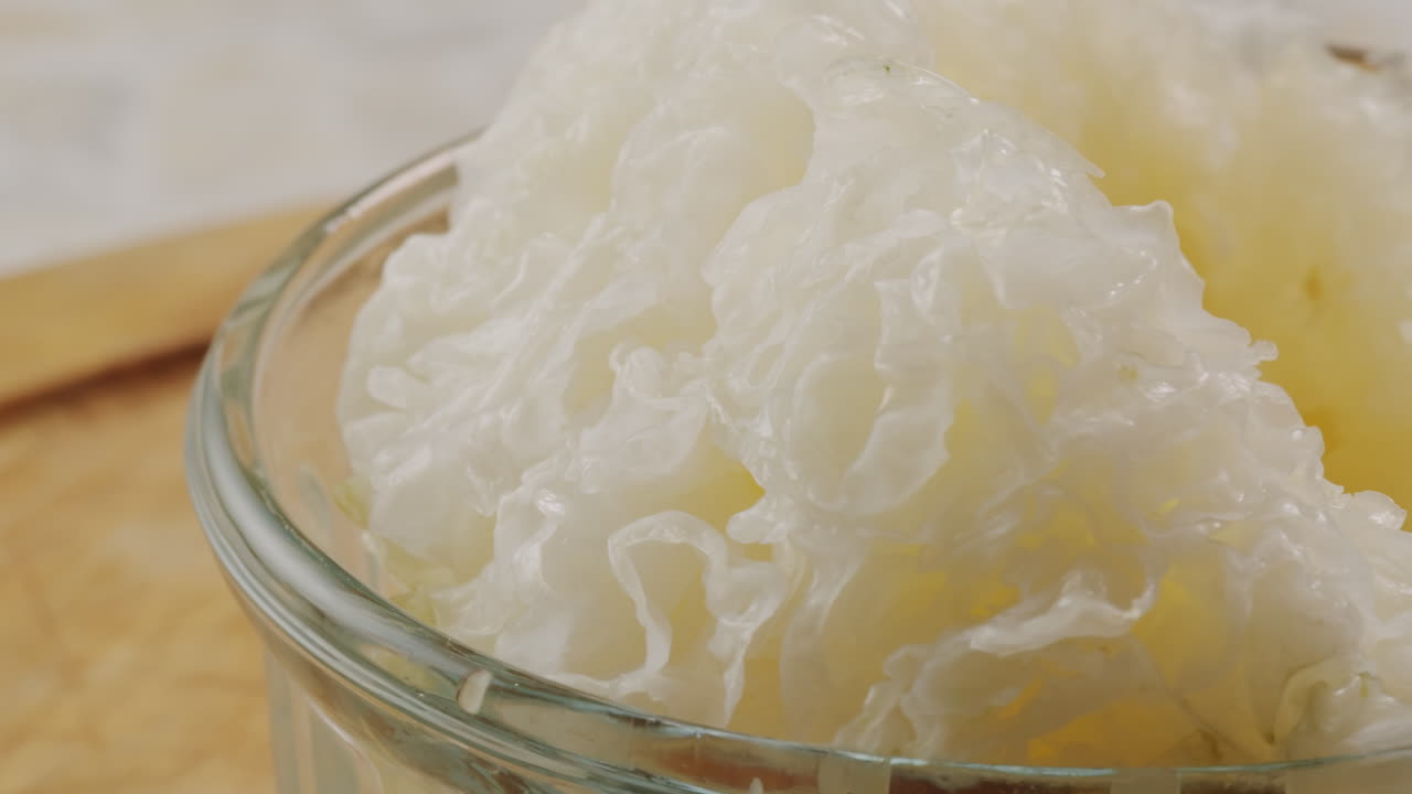 Tremella fermented salted Jamur salju or snow fungus, white colored fungi for food and medicine, popular in China and also Chinese cuisine.