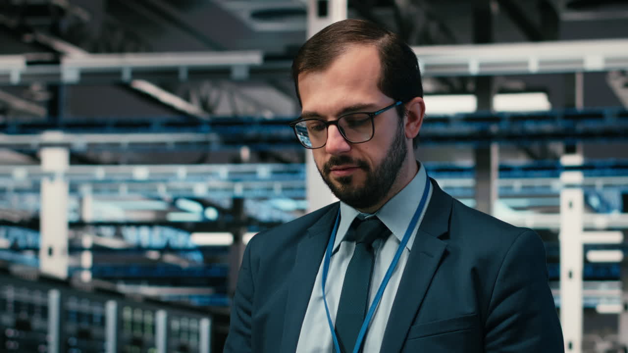 Professionel mand i jakkesæt kigger op i datacenter