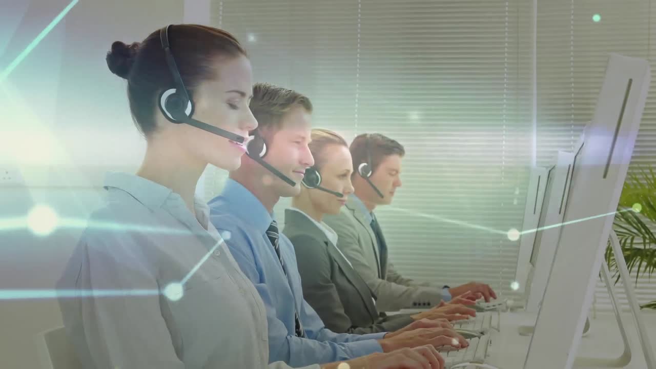 전화 헤드 ⁇ 을 착용 한 사업가 들 을 통한 연결 네트워크 의 애니메이션