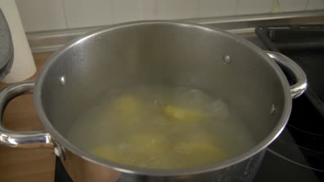 opening the top of a pot with boiling potatoes