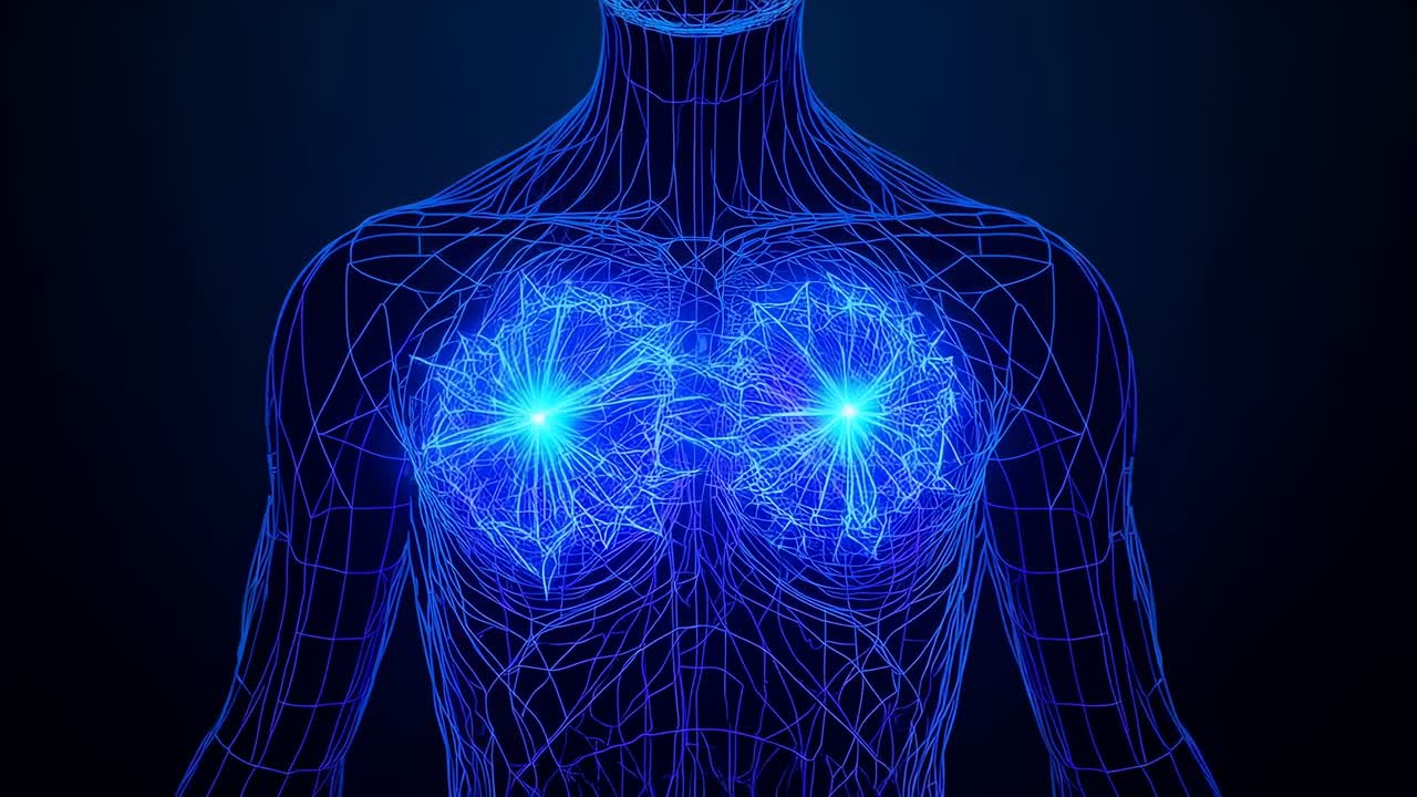 Mostra di un busto wireframe femminile che si attiva mentre il petto si illumina e si ingrandisce su uno sfondo blu scuro, con i nuclei che pulsano
