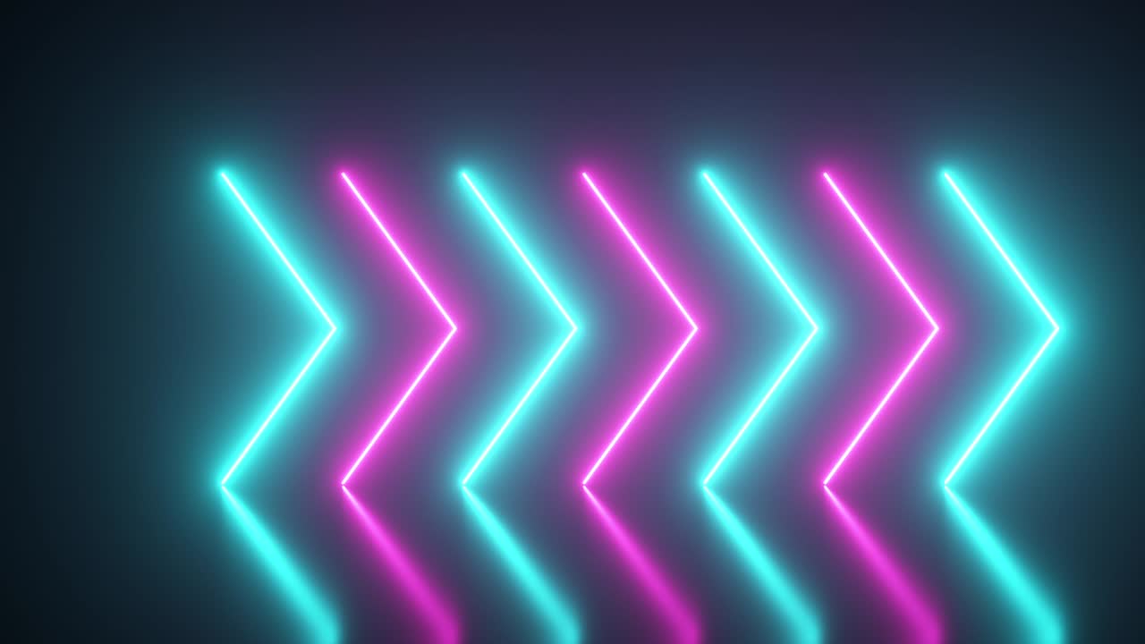Flashing bright neon arrows light up and go out indicating the direction on the reflective floor. Abstract background, laser show. Ultraviolet neon blue violet light spectrum. Seamless loop 3d render