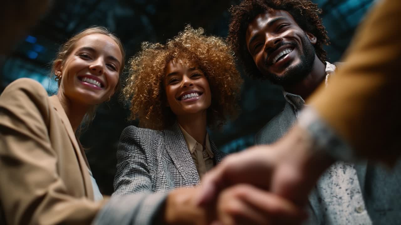 Celebrating Success: Three Professionals Engaging in a Friendly Handshake After Closing a Deal, Capturing the Joy and Camaraderie in a Dynamic Business Environment