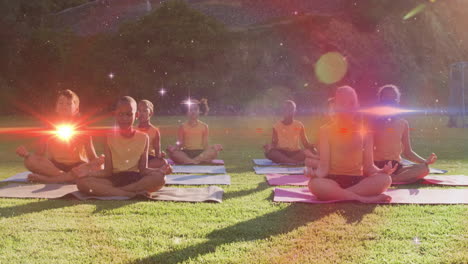 practicing yoga on grass, people surrounded by glowing light animation effects